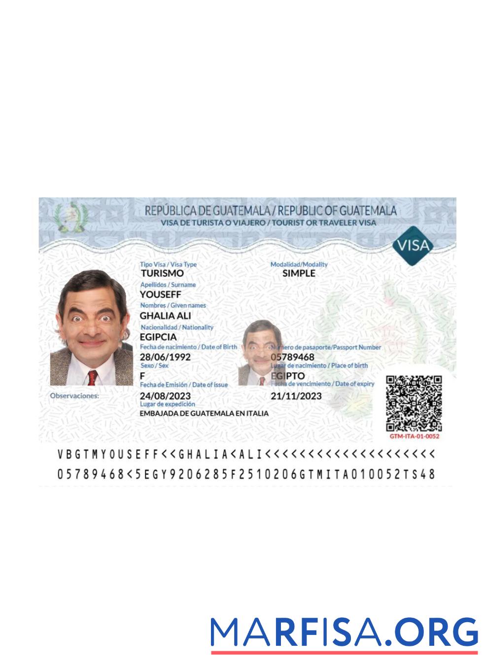Realistic Guatemala tourist or traveler visa example